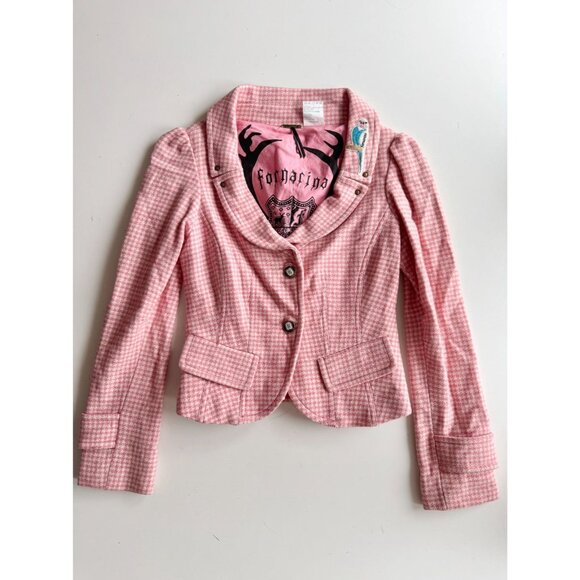 Vintage 00's FORNARINA Pink Houndstooth Wool Tweed Y2K Blazer Jacket, Size XS - Picture 5 of 16